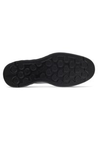 Semelle de chaussure en caoutchouc noir avec des motifs de crantage circulaires, comportant le texte "ecco" en relief. Sections lisses et texturées pour l'adhérence.