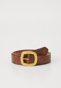Brown leather belt with a textured finish, featuring a square gold buckle. The design includes a classic belt loop and tapering end.