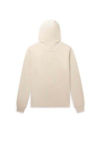 Beige hoodie med en glat tekstur, en centreret hætte og lange ærmer. Bemærkelsesværdige detaljer inkluderer et hexagonalt logo ved halsen.