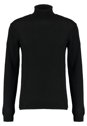 Black turtleneck sweater in a smooth knit fabric, featuring long sleeves and a fitted silhouette. Ribbed cuffs and hem.
