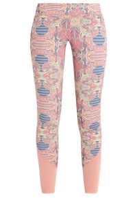 Leggings à motifs en rose, bleu et crème. Présentent des designs complexes et un accent texturé sur le bas de la jambe. Tissu extensible, coupe ajustée.
