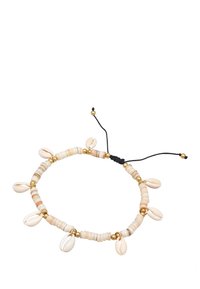 Bracciale di perline con perle di conchiglia chiare, accenti dorati e cordino nero regolabile. La forma è circolare con dettagli a conchiglia pendenti.
