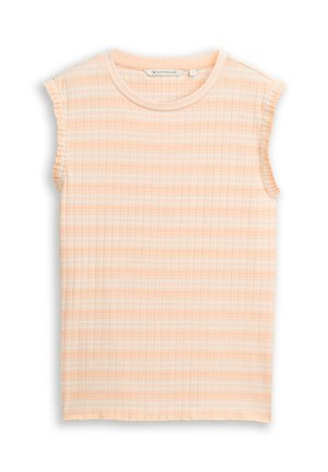 Mouwloos geribd gebreid topje met horizontale perzik- en witte strepen, ronde halslijn en licht gerafelde armsgaten.