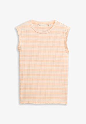 Top sans manches en maille côtelée avec des rayures horizontales pêche et blanches, encolure ronde et emmanchures légèrement froufroutantes.