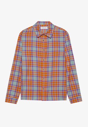 Ilgų rankovių langeliai marškiniai su oranžinės, violetinės ir mėlynos-žalios spalvomis, klasikiniu apykakle ir priekyje užsegamais mygtukais. Minkšta tekstūra.