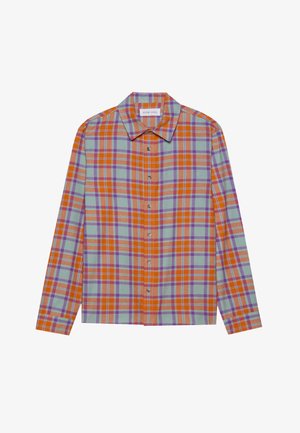 Long-sleeve plaid shirt featuring orange, purple, and blue-green colors, a classic collar, and front button closures. Soft texture.