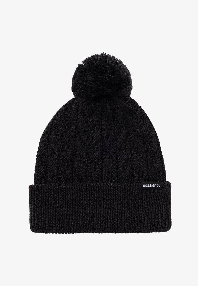 Beanie nera lavorata a maglia con texture a coste, motivo a treccia e pon-pon sulla parte superiore. Include un piccolo etichetta del marchio sul polsino.