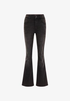 Jean en denim noir taille haute, avec poches avant, fermeture par boutons et jambes évasées.