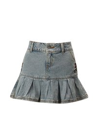 Gonna A-line in denim azzurro chiaro, con orlo plissettato, tasche frontali e dettagli ricamati sui lati. Lavabile in lavatrice.