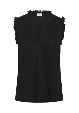 Czarny bezrękawnik wykonany z miękkiej tkaniny, z dekoltem w kształcie V i falbanami na ramionach. Prosty i elegancki design.
