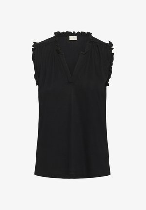 Haut sans manches noir en tissu doux, avec un décolleté en V et des accents froncés le long des épaules. Design simple et épuré.