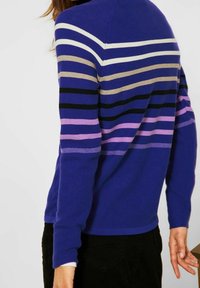 Maglione blu con strisce multicolori in viola, rosa, beige, bianco e nero. Presenta maniche lunghe e un collo a giro.