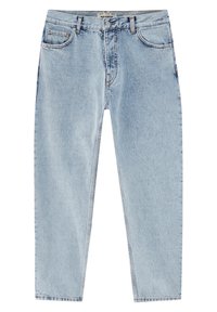 Světle modré džíny z denimu se střihem rovného střihu, pěti kapsami a zipovým zapínáním. Zvýrazněné švy a jemné vyblednutí pro texturu.