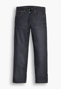 Jeans de mezclilla azul oscuro con un corte de pierna recta, que presentan remaches de cobre, costuras en contraste y un diseño clásico de cinco bolsillos.