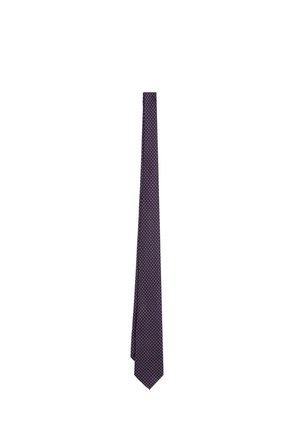 Corbata estrecha azul marino con patrón de pequeños rombos rojos y blancos, presentada plana sobre un fondo blanco.