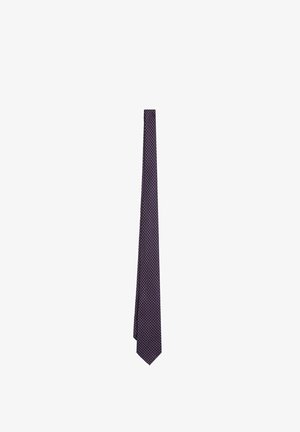 Corbata estrecha azul marino con patrón de pequeños rombos rojos y blancos, presentada plana sobre un fondo blanco.