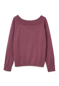Jersey de punto en un tono púrpura profundo, con un amplio escote acanalado, mangas largas con puños acanalados y un ajuste ligeramente holgado.