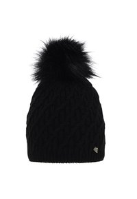 Beanie nera lavorata a maglia con design a treccia testurizzata e un pom-pom in pelliccia sintetica nera sulla sommità. Caratterizzato da un piccolo accento di logo metallico.
