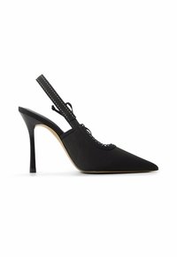 Tacones slingback negros con punta afilada, hechos de tela texturizada, con un borde de encaje en la parte frontal y un delgado tacón de aguja.