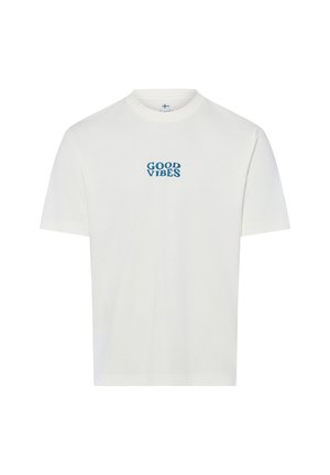 Weißes T-Shirt mit kurzen Ärmeln und blauem Text "GOOD VIBES" zentriert auf der Brust, vor weißem Hintergrund dargestellt.
