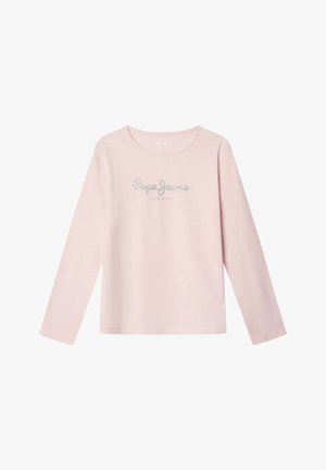 Lichtroze shirt met lange mouwen en ronde hals met zilveren glittertekst "Pepe Jeans London" op de borst.