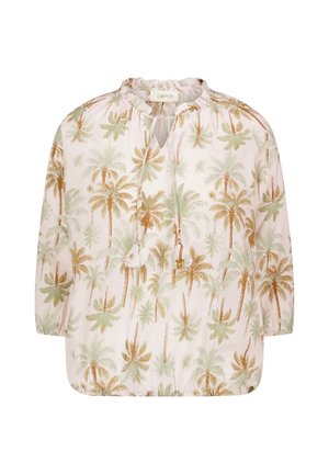 Blouse rose clair avec imprimé de palmiers verts et beiges, encolure froncée avec lien, manches longues, ourlet et poignets élastiqués.