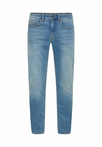 Jeans in denim azzurro chiaro con vestibilità dritta, design a cinque tasche, leggera sfumatura e chiusura con bottone metallico in vita.