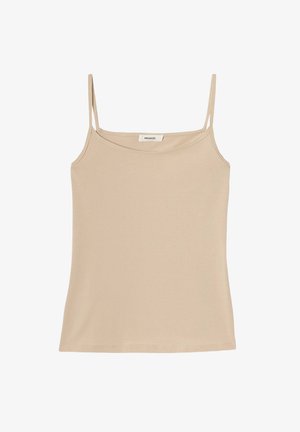 Haut beige sans manches avec de fines bretelles, en tissu doux, doté d'un col arrondi et d'une coupe décontractée. Aucun motif ou accent visible.