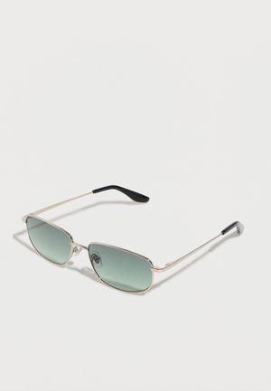 Rectangular sunglasses with thin silver metal frames, green tinted lenses, and black temple tips on a white background.