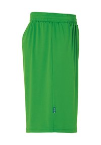 Groene sportieve shorts gemaakt van gladde, lichtgewicht stof. Heeft een elastische tailleband en zijnaadstiksel, met een klein merklabel aan de zijkant.