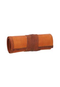 Leather roll-up case in orange with a dark brown leather strap, featuring stitched detailing and a smooth texture.
