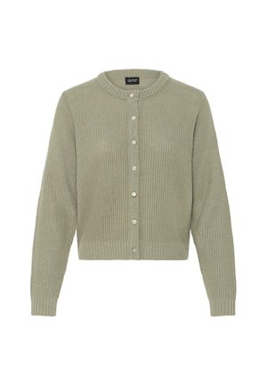 Grüne gestrickte Strickjacke mit rundem Ausschnitt, sechs Knopfverschluss mit klaren Verzierungen sowie gerippten Bündchen und Saum.
