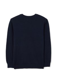 Felpa lavorata a maglia blu navy con scollo rotondo, polsini e orlo a costine, dalla texture liscia e senza motivi o decorazioni visibili.