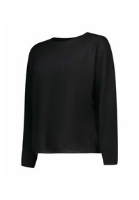 Maglione nero a maniche lunghe, in materiale lavorato a maglia, vestibilità comoda, scollatura rotonda, texture liscia e dettagli in costine sull'orlo.