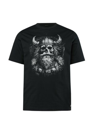 Černé tričko s bílým detailním motivem vikingské lebky s rohatou helmou, dlouhým vousem a brněním lemovaným kožešinou.