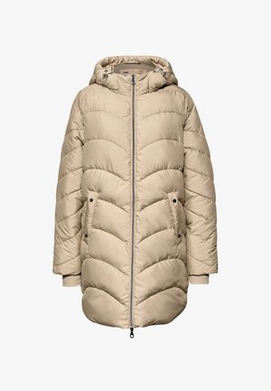 Giacca piumino beige con cappuccio, dotata di chiusura a zip frontale, due tasche laterali e motivo trapuntato. Il tessuto ha una consistenza morbida e liscia.