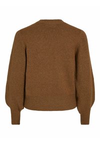 Pull en maille marron avec manches longues bouffantes et poignets et ourlet côtelés ajustés, vu de dos sur un fond blanc.