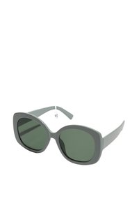 Grå plastsolglasögon med stora, rundade linser. Har en tjock båge och raka skalmar. Gröntonade linser ger UV-skydd.