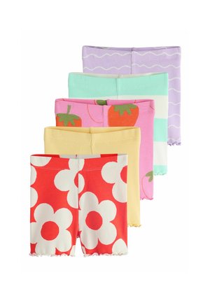 Cinci perechi de pantaloni scurți din țesătură reiată cu diferite modele colorate, inclusiv roșu cu flori albe, galben, roz cu căpșuni, dungi turcoaz și violet cu valuri albe.