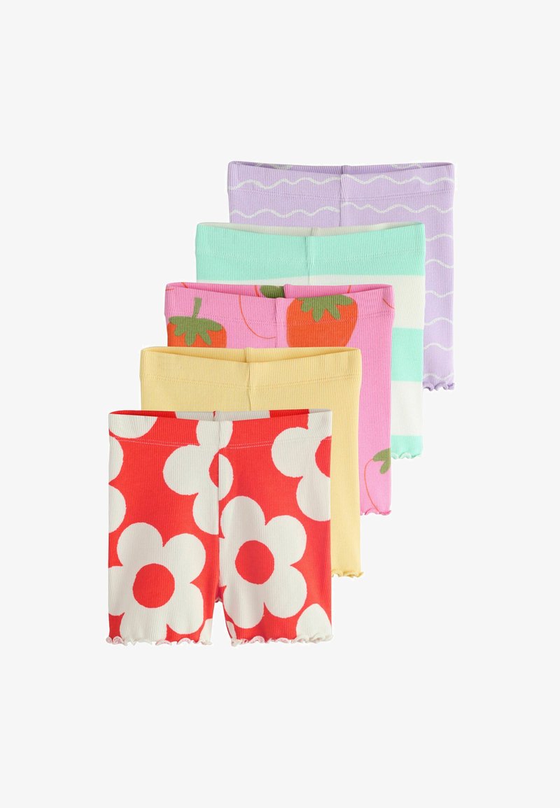 Cinq paires de shorts en tissu côtelé avec différents motifs colorés, comprenant rouge avec des fleurs blanches, jaune, rose avec des fraises, rayures turquoises et violet avec des vagues blanches.