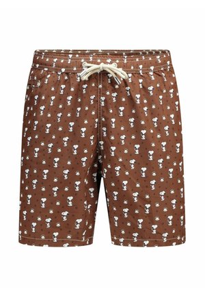 Pantaloncini da bagno marroni con coulisse bianca con motivo di piccoli personaggi Snoopy e tazze di caffè.