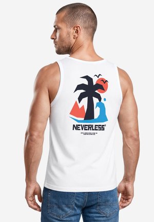 Man in a white tank top with stylized palm tree, sun, birds, waves, and "NEVERLESS" printed on the back, facing away.