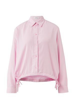 Jasnoróżowa koszula na guziki z kołnierzykiem, długimi rękawami i ściągaczami z troczkami na dole. Gładka tkanina o luźnym kroju.
