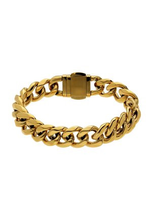 Bracelet épais en chaîne dorée avec de grands maillons entrelacés et un fermoir rectangulaire, présenté sur fond blanc.