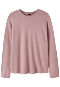 Jasnoróżowy sweter typu pulower z długim rękawem, okrągłym dekoltem, miękką dzianinową fakturą i luźnym krojem. Posiada opuszczone ramiona i prosty dół.