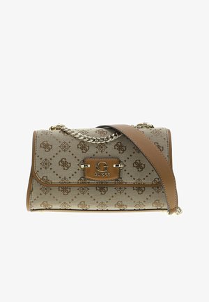 Borsa a tracolla con motivo marrone, realizzata in tessuto canvas testurizzato e dotata di una tracolla in metallo dorato. Presenta un clasp con logo e una tracolla in pelle rimovibile.