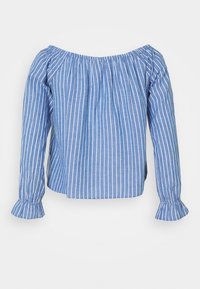 Top blu a righe, senza spalline, in tessuto leggero, con maniche lunghe a palloncino con polsini arricciati e scollatura elasticizzata.