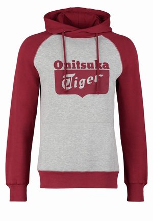 Hooded sweatshirt with maroon sleeves, gray torso, front pouch pocket, and "Onitsuka Tiger" logo in maroon on the chest.