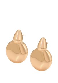 Orecchini color oro con una parte inferiore arrotondata e una forma a goccia sopra, texture liscia e superficie riflettente.