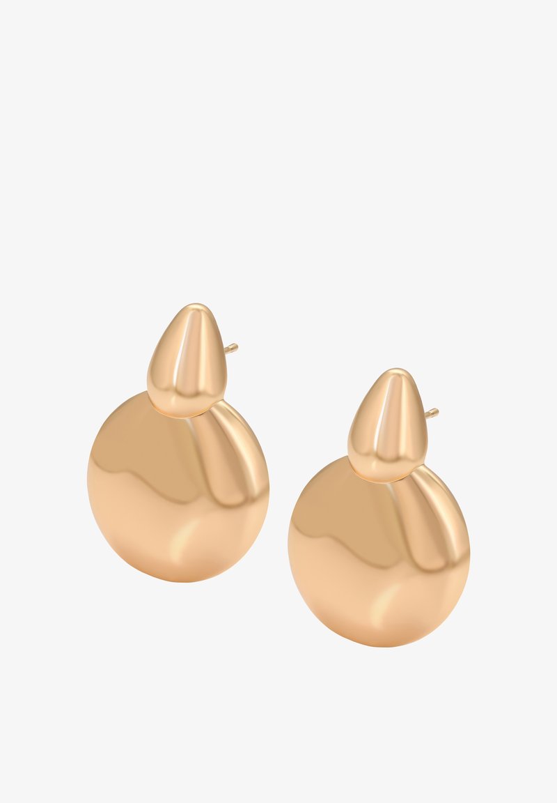 Náušnice ve zlatém tónu s kulatým dnem a kapkovitým tvarem nahoře, hladký povrch s lesklou texturou.